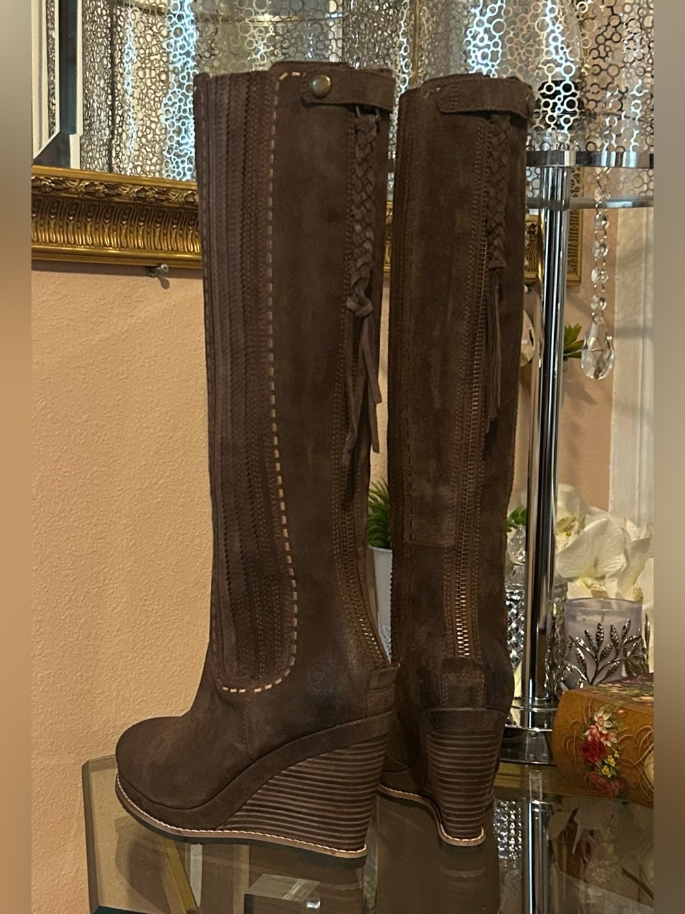 Ariat Brown Suede Leather Wedge Knee-High Boots with Braided Tassel Zipper Sz 7 - Picture 6 of 16